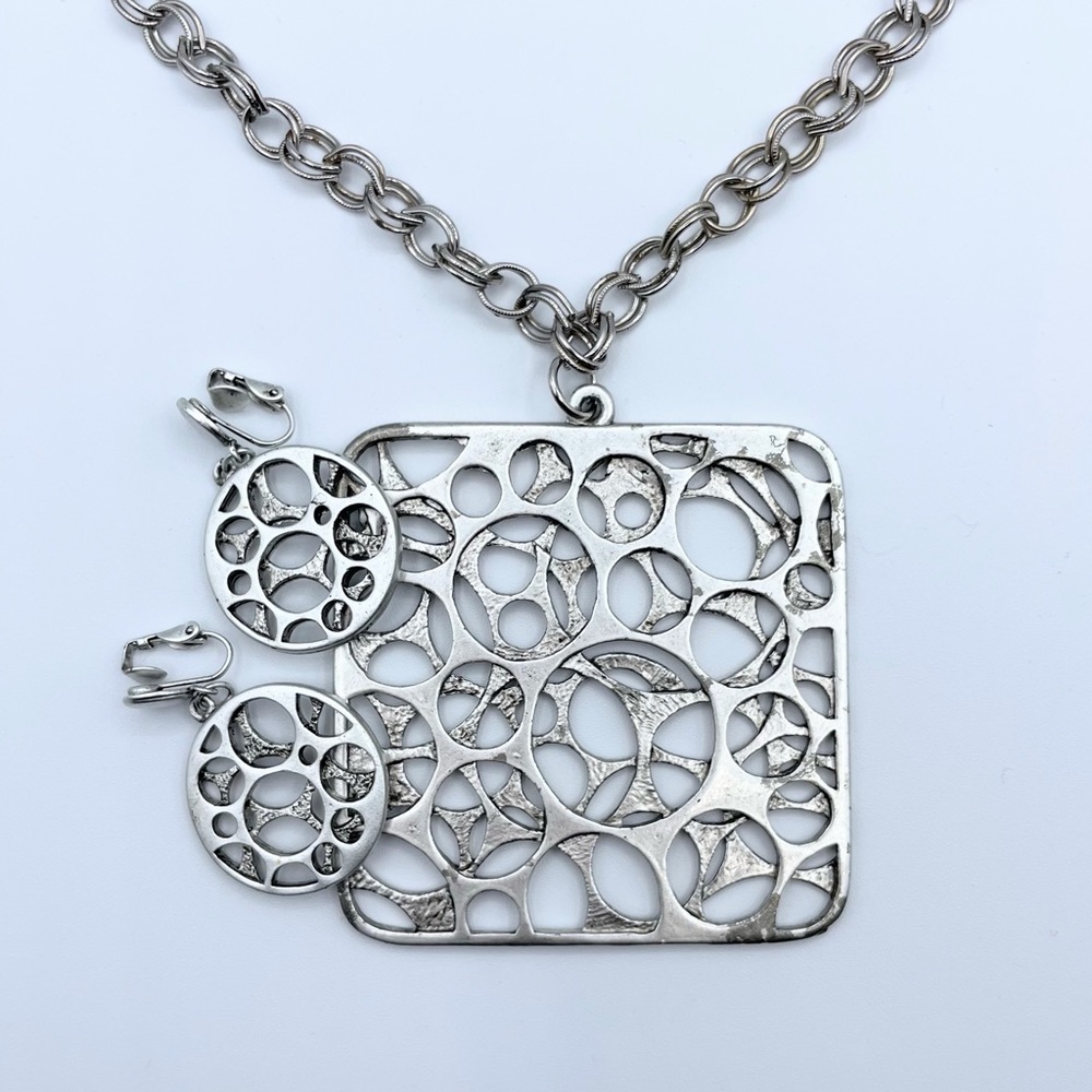 Midcentury Modernist Brutalist Mod Pendant Necklace Earrings MCM Vintage Disco